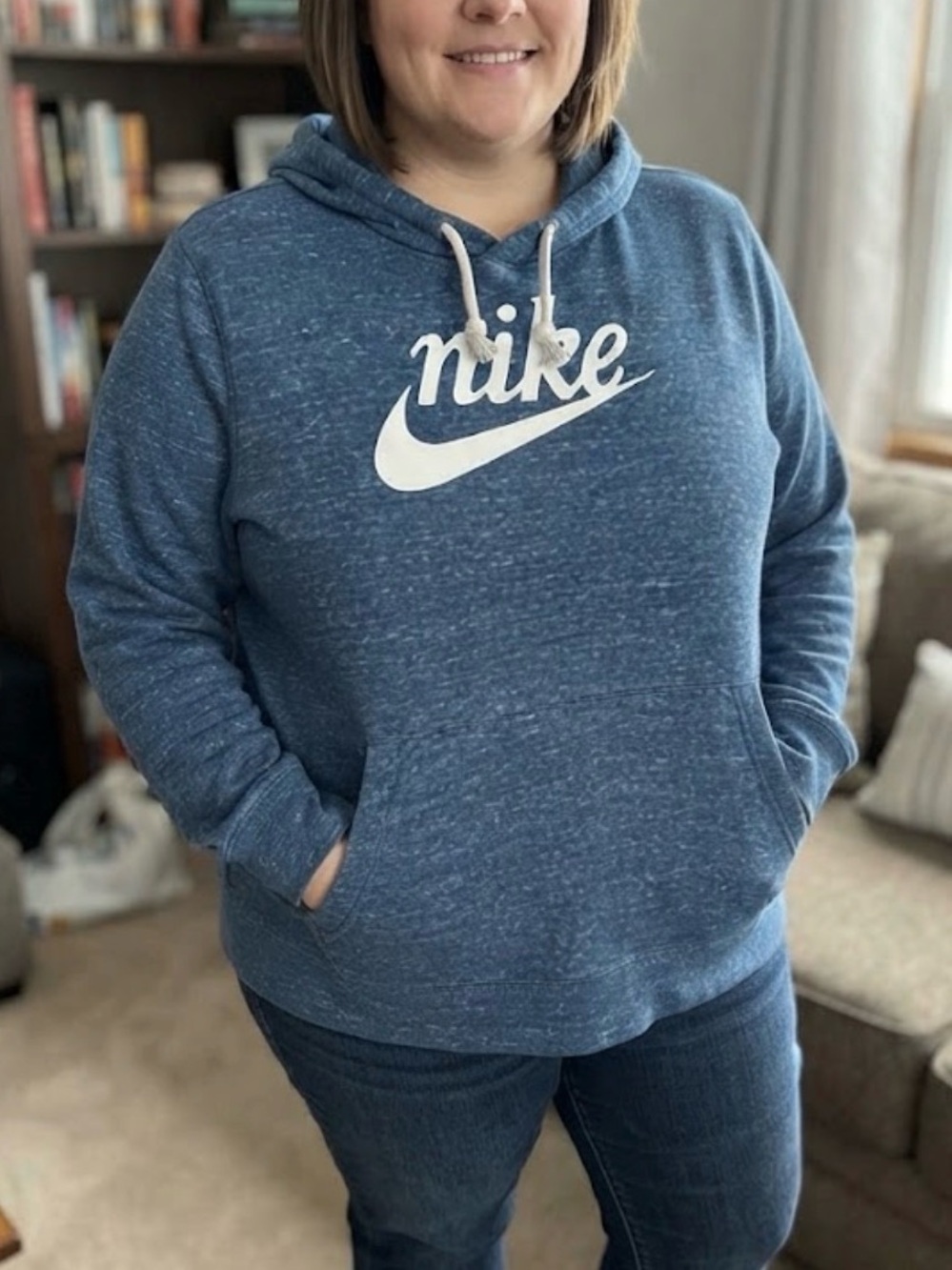 Nike Blue Marled Pullover Lightweight Hoodie with White Logo